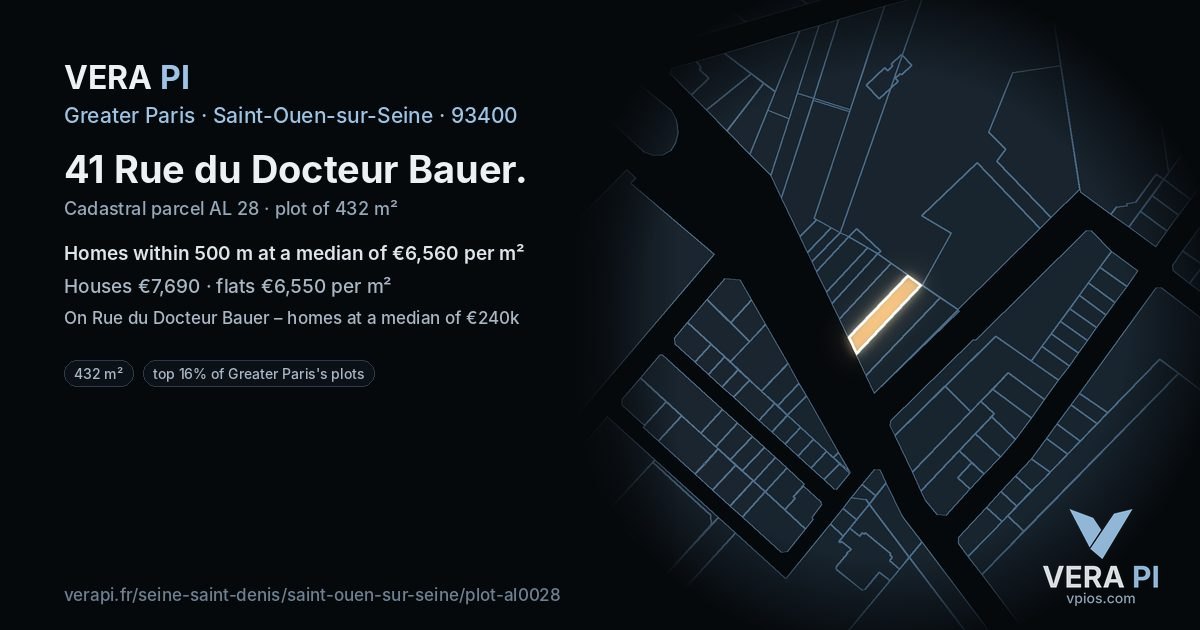 41 Rue du Docteur Bauer, Saint-Ouen-sur-Seine at night – the plot lit, the parcels around coloured by the prices near them