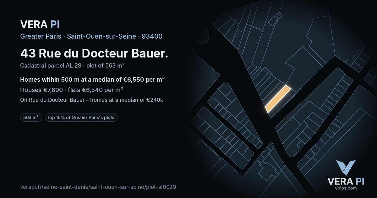 43 Rue du Docteur Bauer, Saint-Ouen-sur-Seine at night – the plot lit, the parcels around coloured by the prices near them