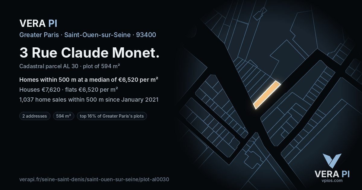 3 Rue Claude Monet, Saint-Ouen-sur-Seine at night – the plot lit, the parcels around coloured by the prices near them