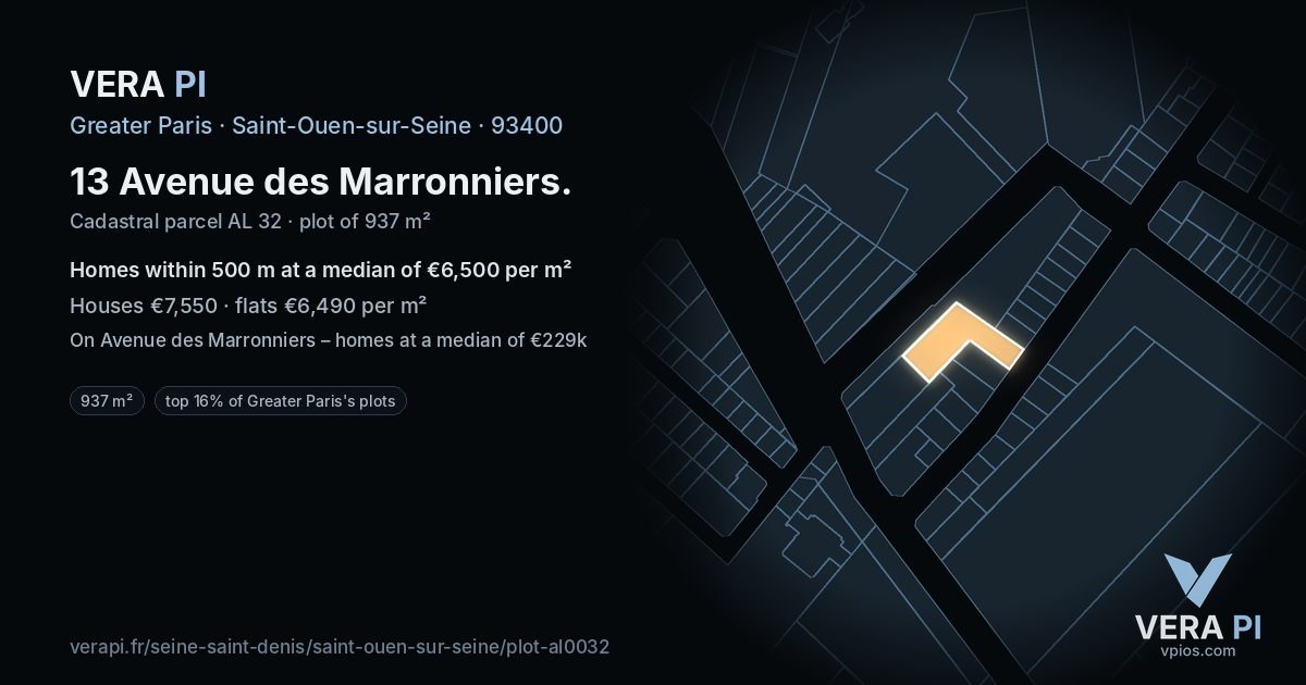 13 Avenue des Marronniers, Saint-Ouen-sur-Seine at night – the plot lit, the parcels around coloured by the prices near them