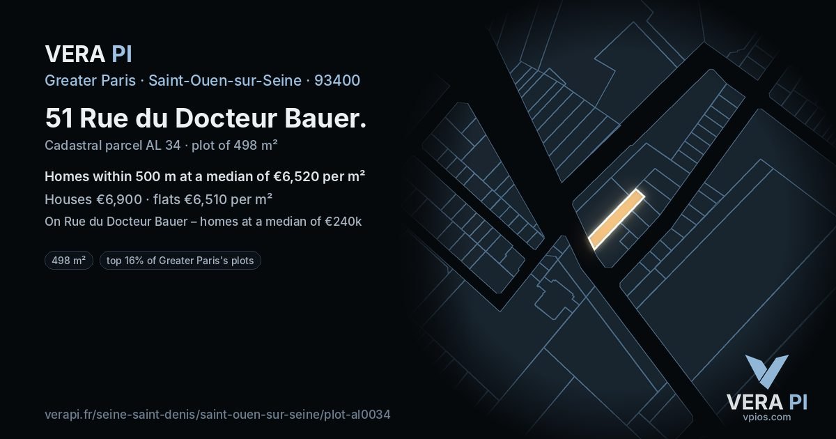 51 Rue du Docteur Bauer, Saint-Ouen-sur-Seine at night – the plot lit, the parcels around coloured by the prices near them