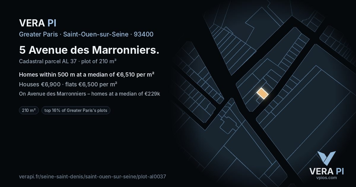 5 Avenue des Marronniers, Saint-Ouen-sur-Seine at night – the plot lit, the parcels around coloured by the prices near them