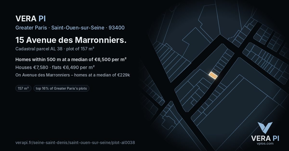 15 Avenue des Marronniers, Saint-Ouen-sur-Seine at night – the plot lit, the parcels around coloured by the prices near them