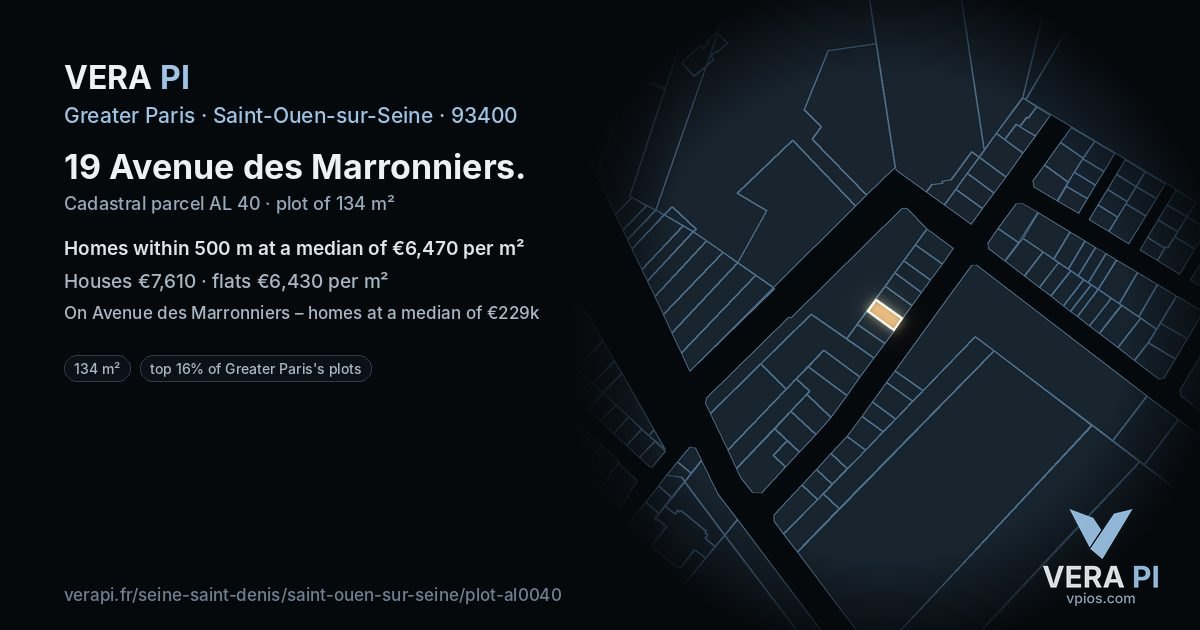 19 Avenue des Marronniers, Saint-Ouen-sur-Seine at night – the plot lit, the parcels around coloured by the prices near them