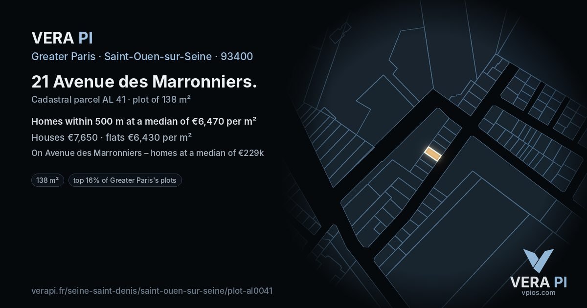 21 Avenue des Marronniers, Saint-Ouen-sur-Seine at night – the plot lit, the parcels around coloured by the prices near them