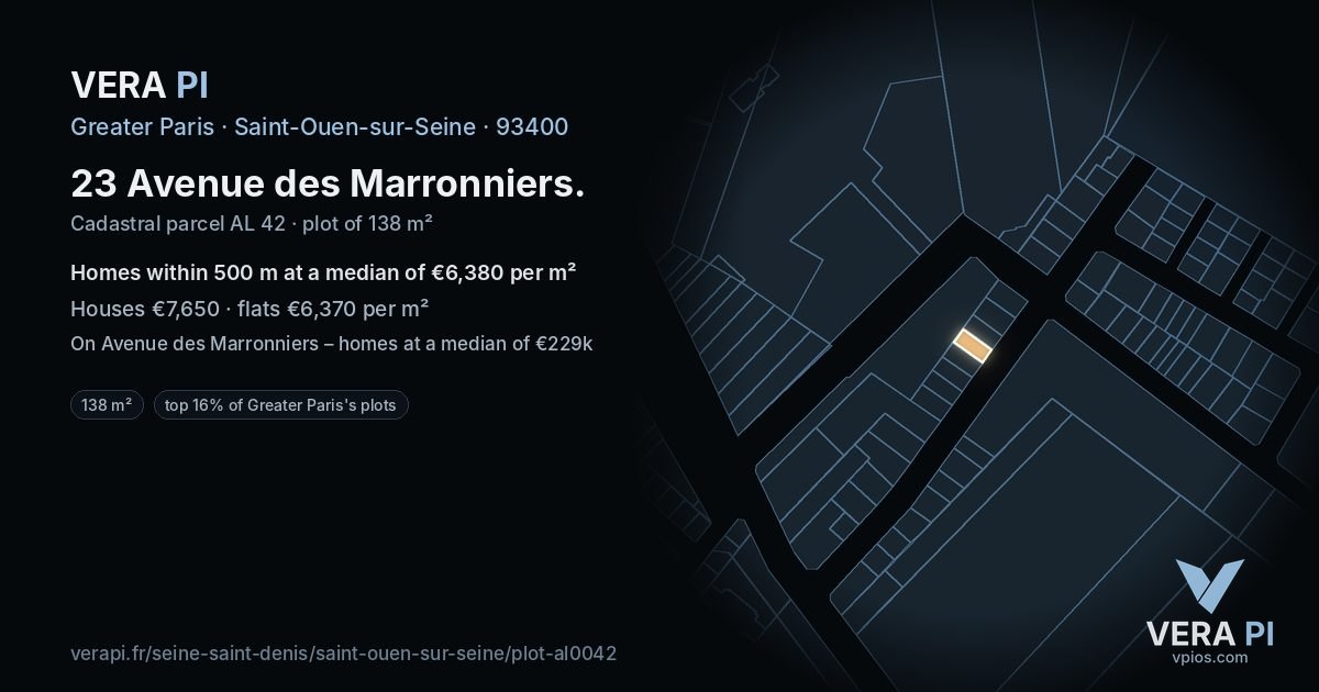 23 Avenue des Marronniers, Saint-Ouen-sur-Seine at night – the plot lit, the parcels around coloured by the prices near them