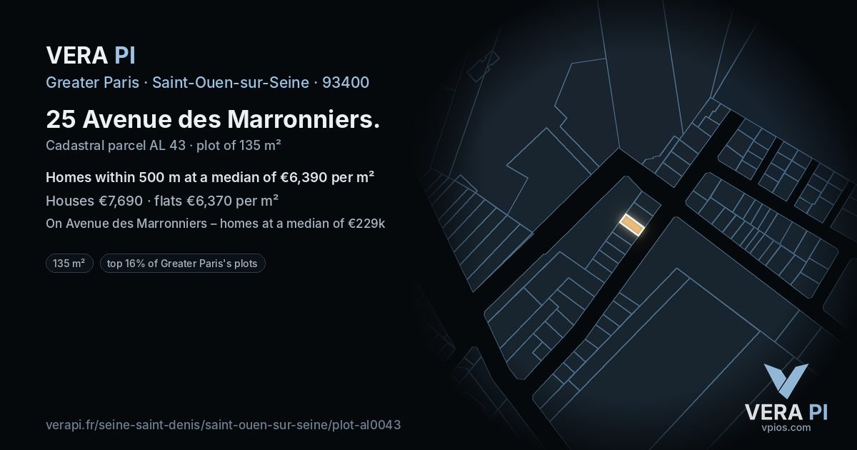 25 Avenue des Marronniers, Saint-Ouen-sur-Seine at night – the plot lit, the parcels around coloured by the prices near them