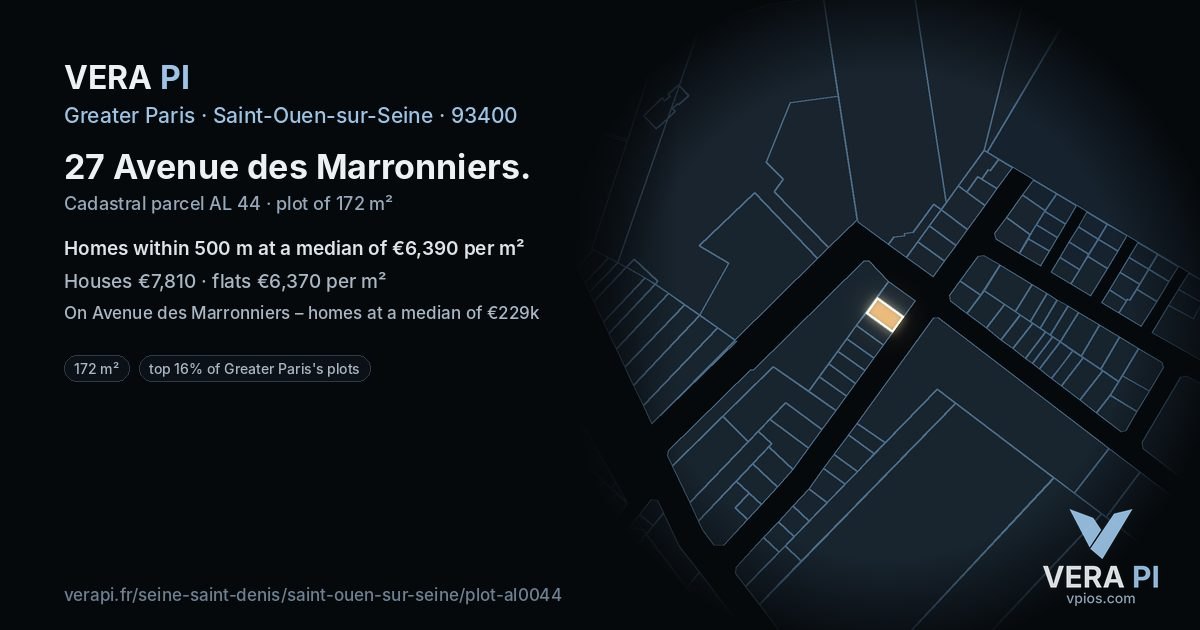 27 Avenue des Marronniers, Saint-Ouen-sur-Seine at night – the plot lit, the parcels around coloured by the prices near them