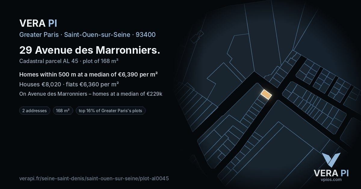 29 Avenue des Marronniers, Saint-Ouen-sur-Seine at night – the plot lit, the parcels around coloured by the prices near them