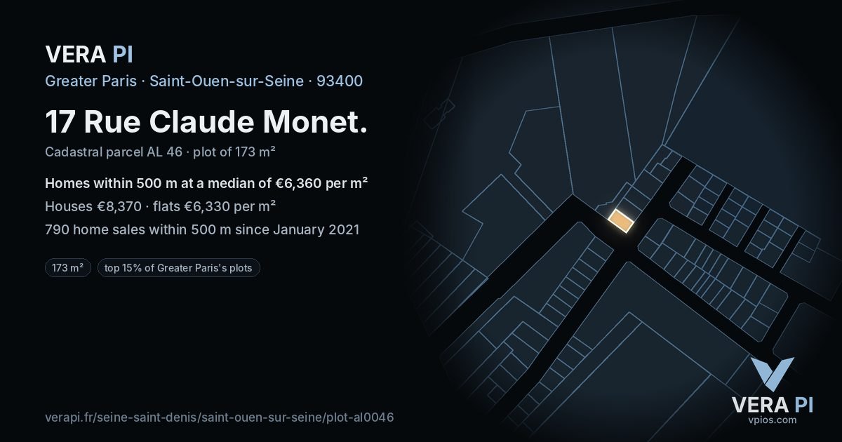 17 Rue Claude Monet, Saint-Ouen-sur-Seine at night – the plot lit, the parcels around coloured by the prices near them