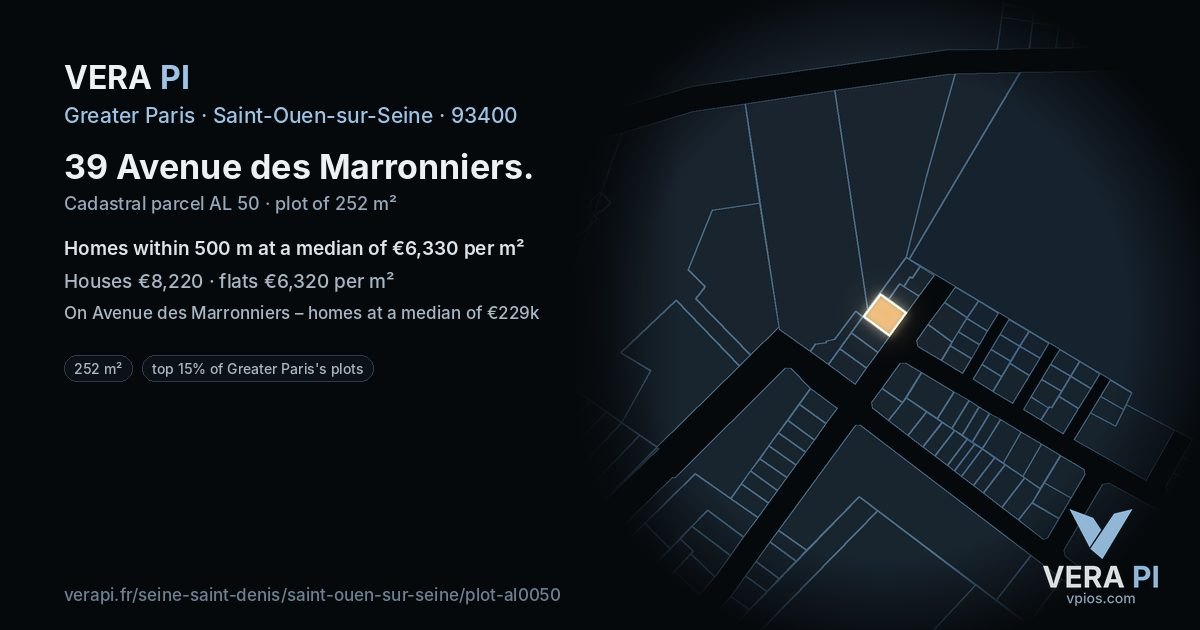 39 Avenue des Marronniers, Saint-Ouen-sur-Seine at night – the plot lit, the parcels around coloured by the prices near them