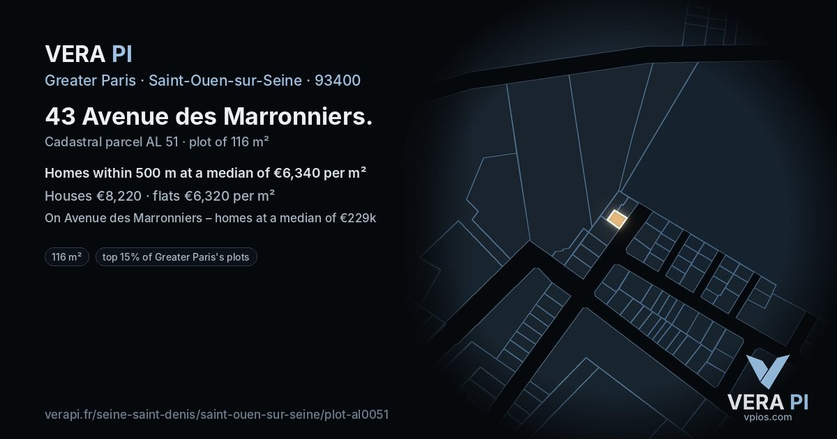 43 Avenue des Marronniers, Saint-Ouen-sur-Seine at night – the plot lit, the parcels around coloured by the prices near them
