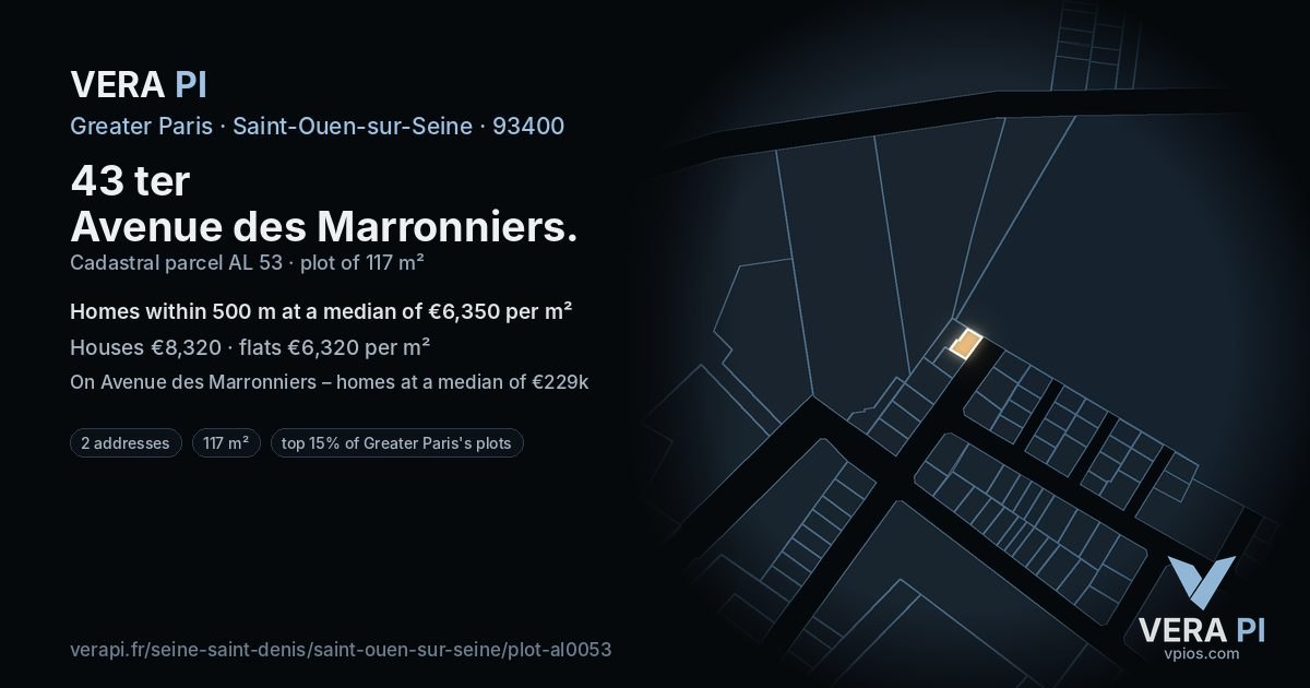 43 ter Avenue des Marronniers, Saint-Ouen-sur-Seine at night – the plot lit, the parcels around coloured by the prices near them