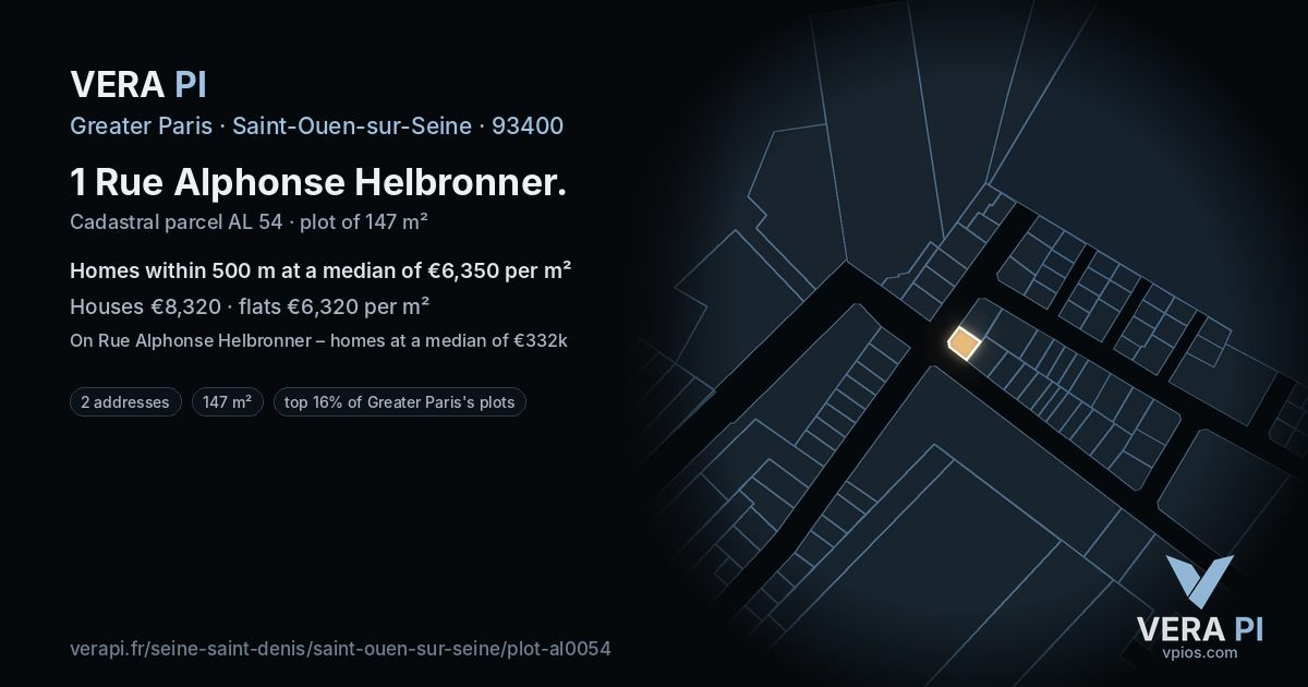 1 Rue Alphonse Helbronner, Saint-Ouen-sur-Seine at night – the plot lit, the parcels around coloured by the prices near them