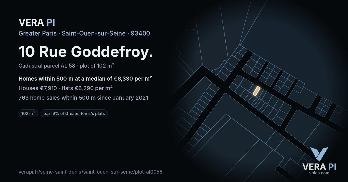 10 Rue Goddefroy, Saint-Ouen-sur-Seine at night – the plot lit, the parcels around coloured by the prices near them