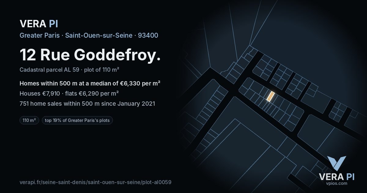 12 Rue Goddefroy, Saint-Ouen-sur-Seine at night – the plot lit, the parcels around coloured by the prices near them