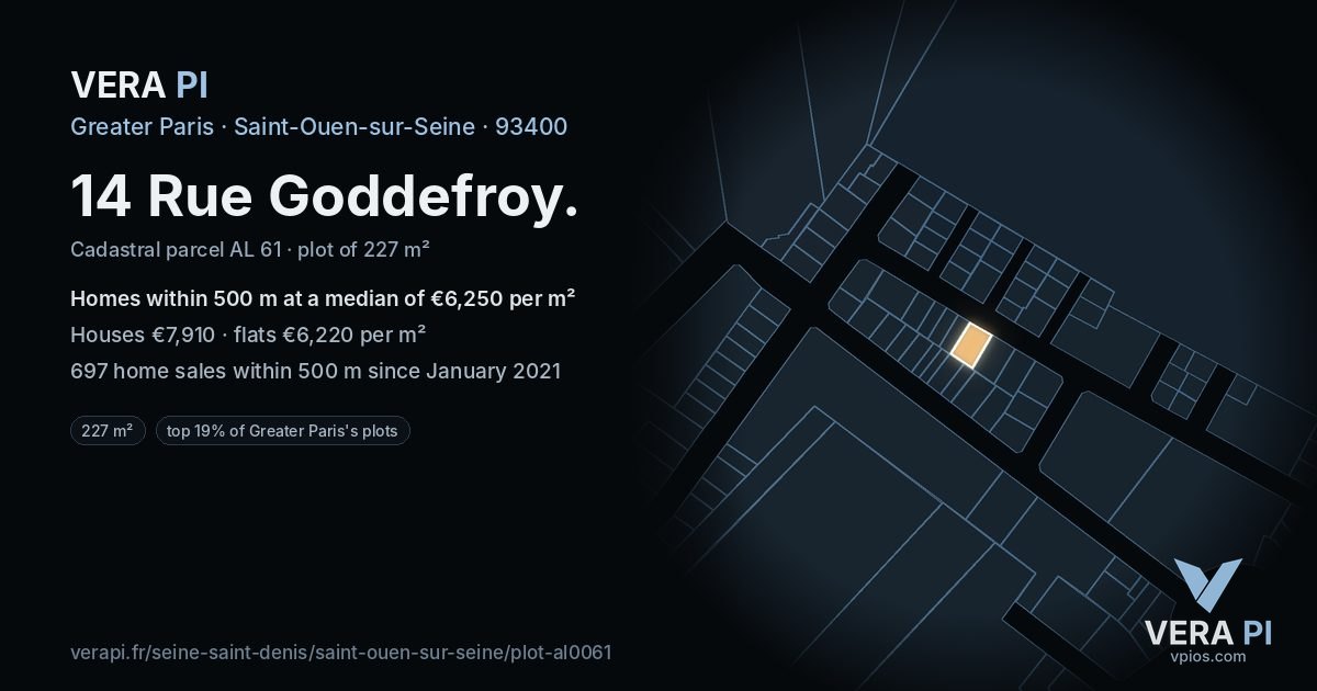 14 Rue Goddefroy, Saint-Ouen-sur-Seine at night – the plot lit, the parcels around coloured by the prices near them