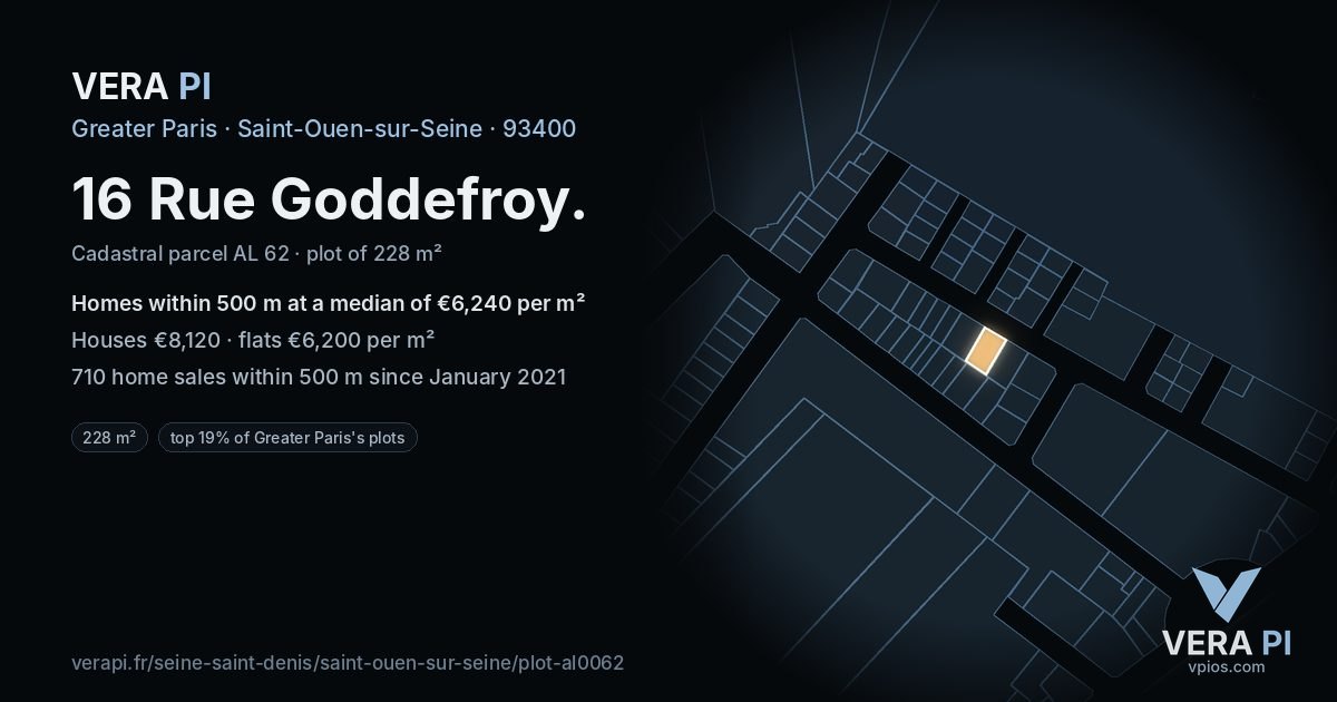 16 Rue Goddefroy, Saint-Ouen-sur-Seine at night – the plot lit, the parcels around coloured by the prices near them