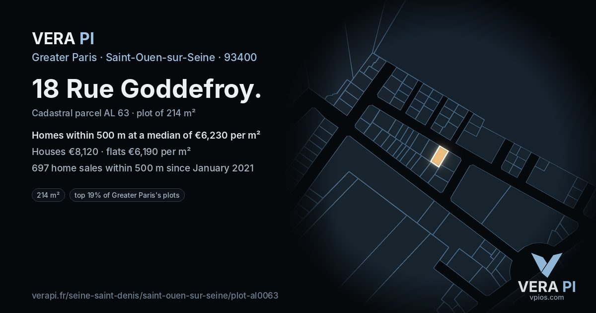 18 Rue Goddefroy, Saint-Ouen-sur-Seine at night – the plot lit, the parcels around coloured by the prices near them