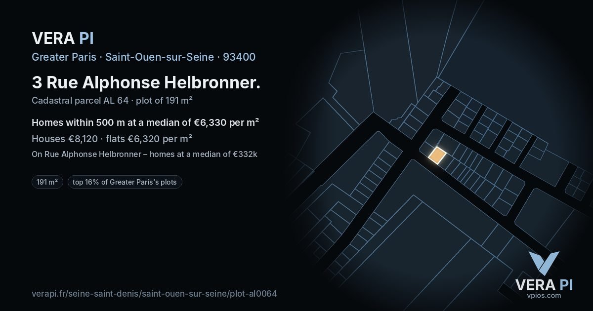 3 Rue Alphonse Helbronner, Saint-Ouen-sur-Seine at night – the plot lit, the parcels around coloured by the prices near them