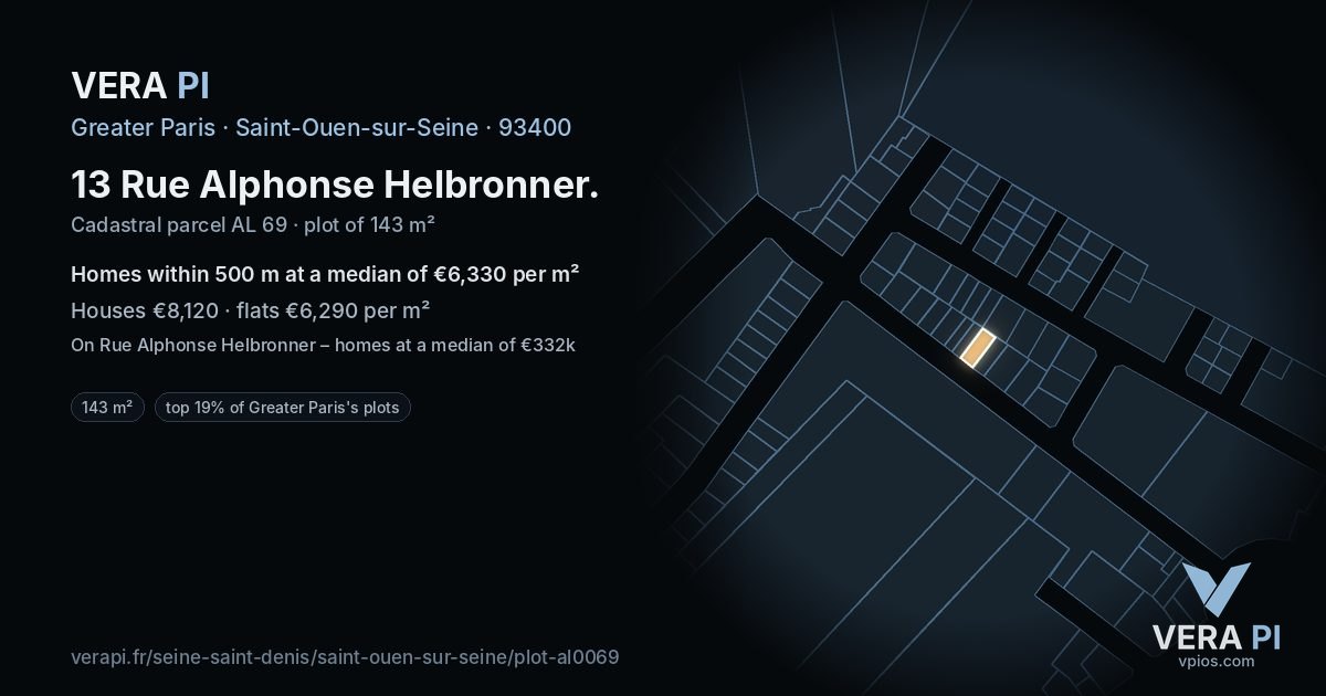 13 Rue Alphonse Helbronner, Saint-Ouen-sur-Seine at night – the plot lit, the parcels around coloured by the prices near them
