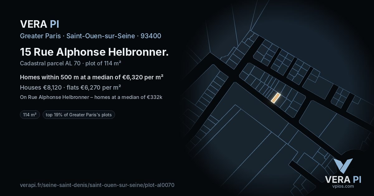 15 Rue Alphonse Helbronner, Saint-Ouen-sur-Seine at night – the plot lit, the parcels around coloured by the prices near them
