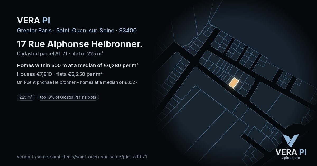 17 Rue Alphonse Helbronner, Saint-Ouen-sur-Seine at night – the plot lit, the parcels around coloured by the prices near them