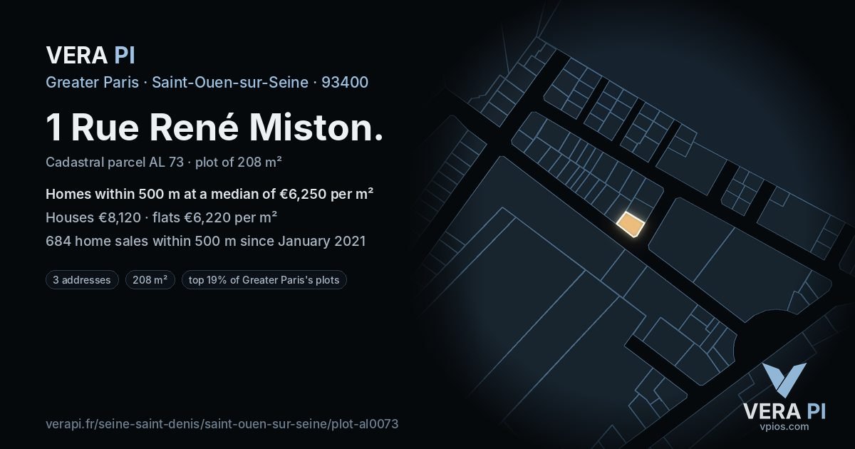 1 Rue René Miston, Saint-Ouen-sur-Seine at night – the plot lit, the parcels around coloured by the prices near them