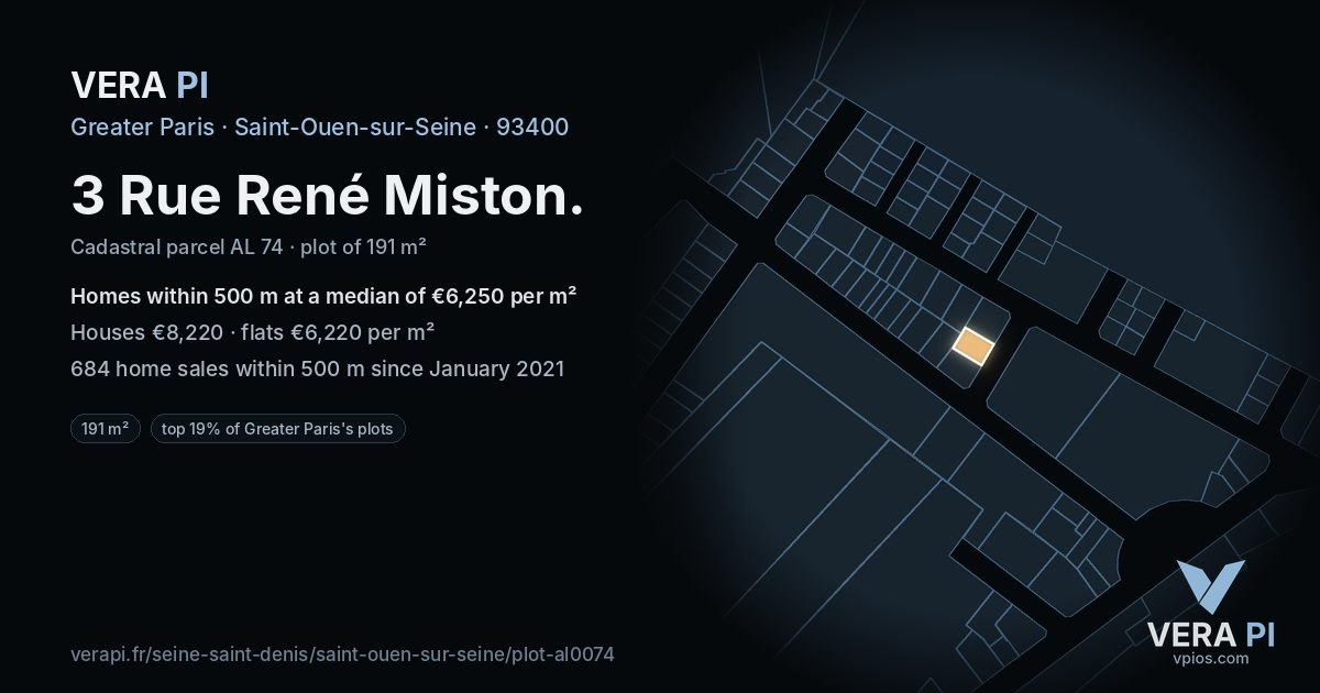 3 Rue René Miston, Saint-Ouen-sur-Seine at night – the plot lit, the parcels around coloured by the prices near them