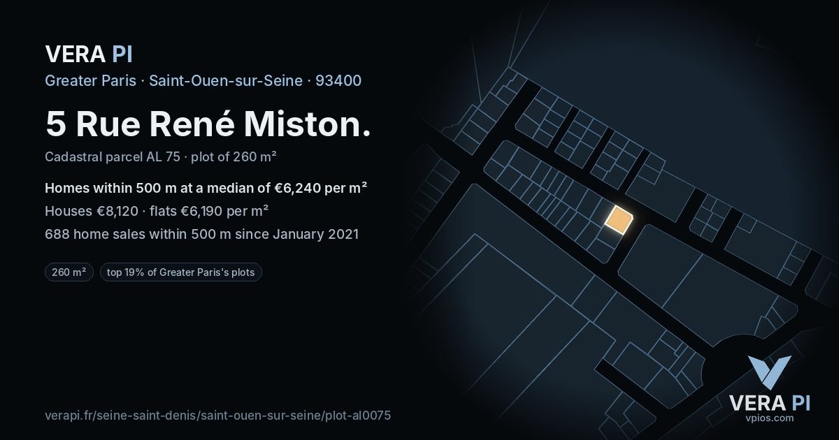 5 Rue René Miston, Saint-Ouen-sur-Seine at night – the plot lit, the parcels around coloured by the prices near them