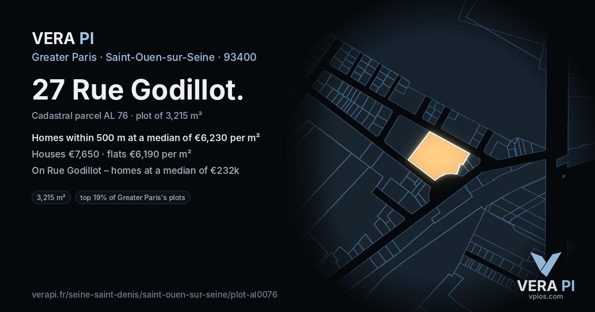27 Rue Godillot, Saint-Ouen-sur-Seine at night – the plot lit, the parcels around coloured by the prices near them