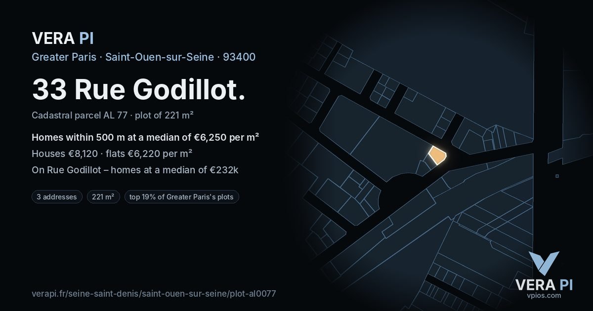 33 Rue Godillot, Saint-Ouen-sur-Seine at night – the plot lit, the parcels around coloured by the prices near them