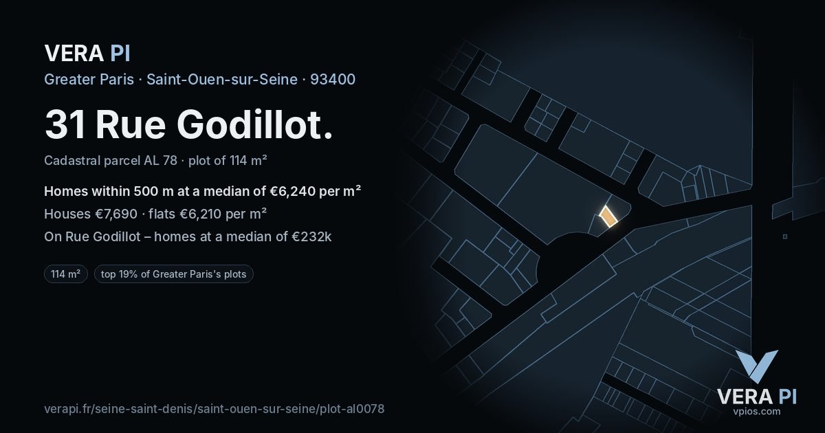 31 Rue Godillot, Saint-Ouen-sur-Seine at night – the plot lit, the parcels around coloured by the prices near them