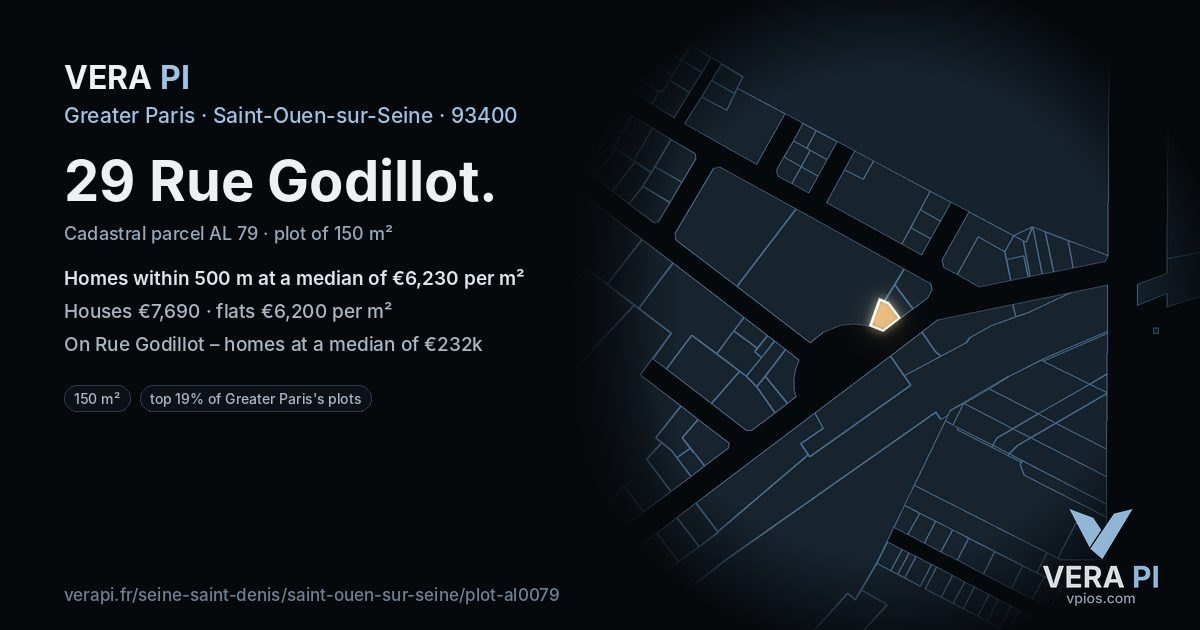 29 Rue Godillot, Saint-Ouen-sur-Seine at night – the plot lit, the parcels around coloured by the prices near them