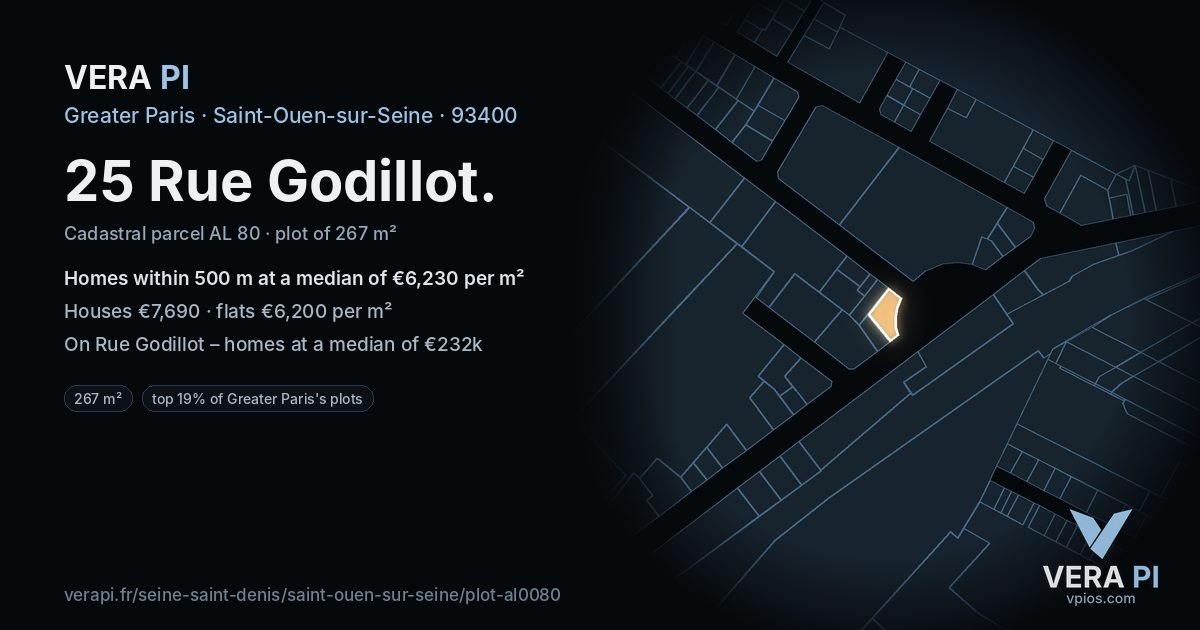 25 Rue Godillot, Saint-Ouen-sur-Seine at night – the plot lit, the parcels around coloured by the prices near them