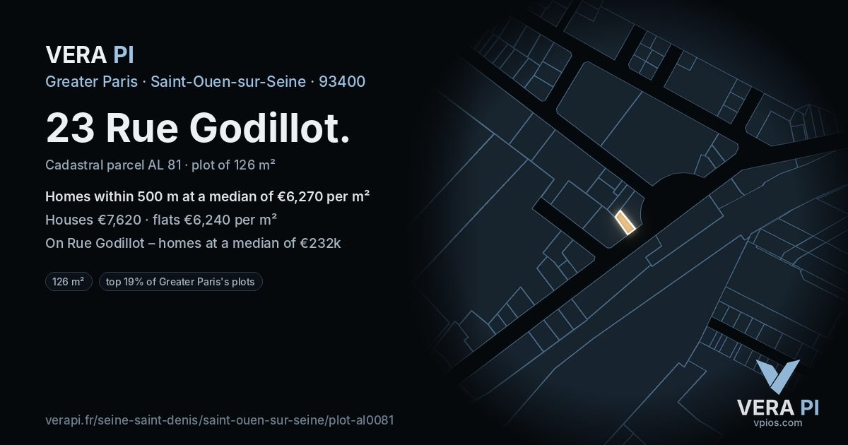 23 Rue Godillot, Saint-Ouen-sur-Seine at night – the plot lit, the parcels around coloured by the prices near them