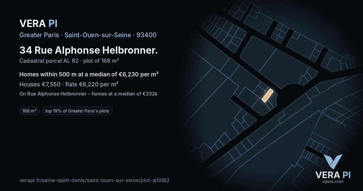34 Rue Alphonse Helbronner, Saint-Ouen-sur-Seine at night – the plot lit, the parcels around coloured by the prices near them