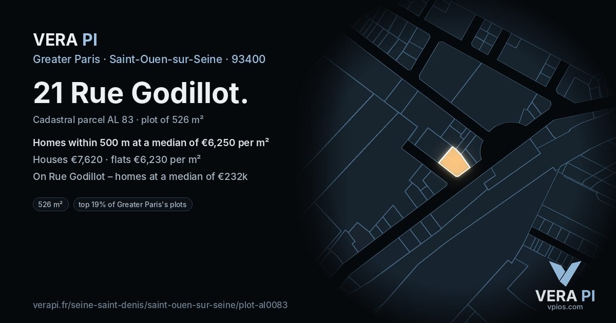 21 Rue Godillot, Saint-Ouen-sur-Seine at night – the plot lit, the parcels around coloured by the prices near them