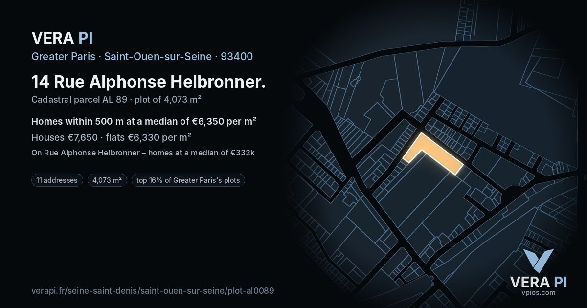 14 Rue Alphonse Helbronner, Saint-Ouen-sur-Seine at night – the plot lit, the parcels around coloured by the prices near them
