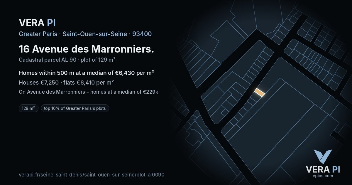 16 Avenue des Marronniers, Saint-Ouen-sur-Seine at night – the plot lit, the parcels around coloured by the prices near them
