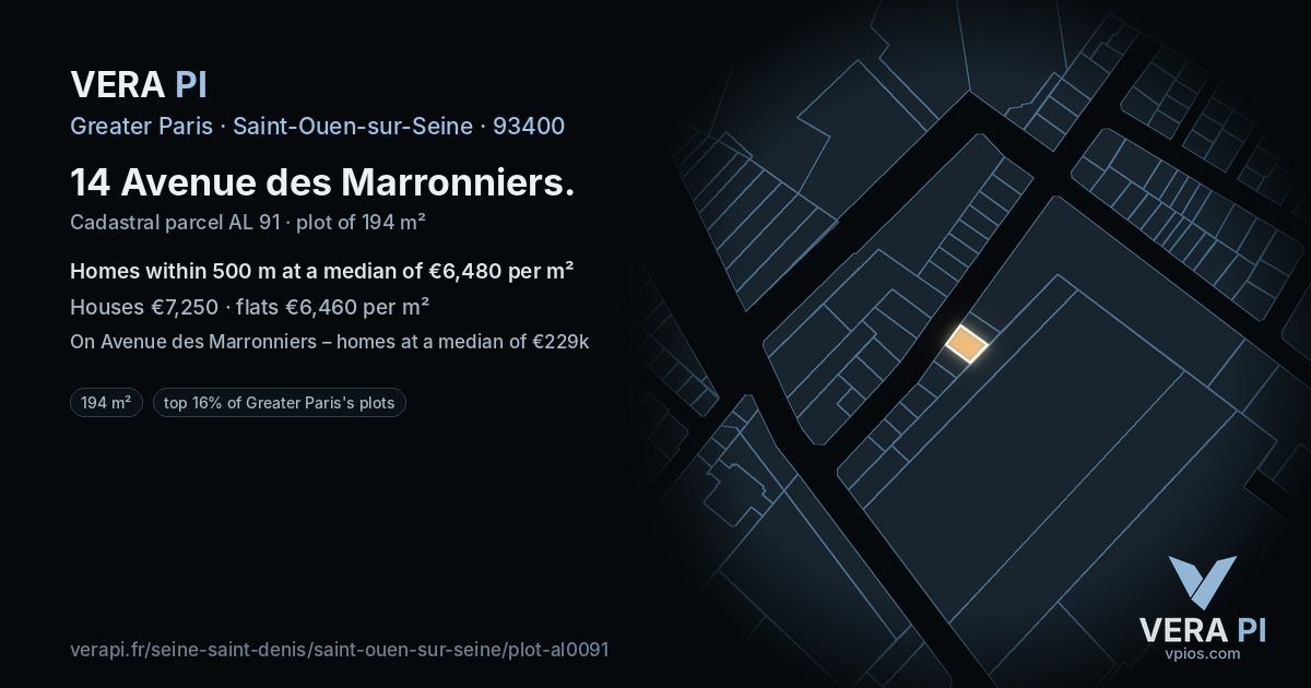 14 Avenue des Marronniers, Saint-Ouen-sur-Seine at night – the plot lit, the parcels around coloured by the prices near them