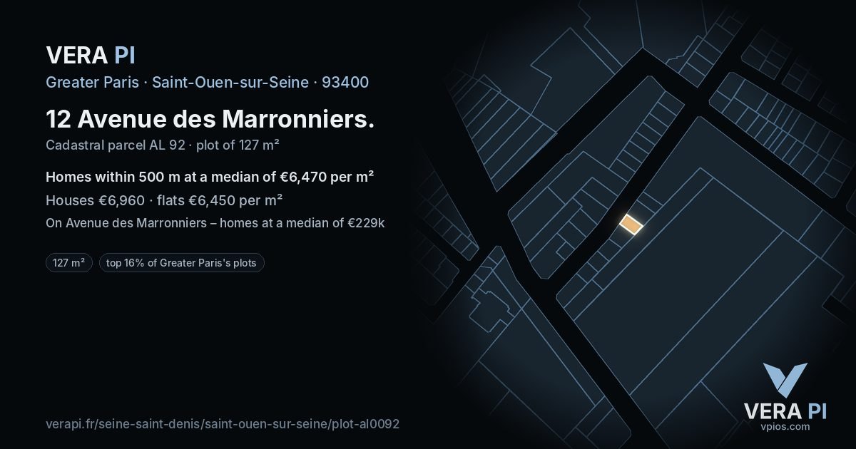 12 Avenue des Marronniers, Saint-Ouen-sur-Seine at night – the plot lit, the parcels around coloured by the prices near them