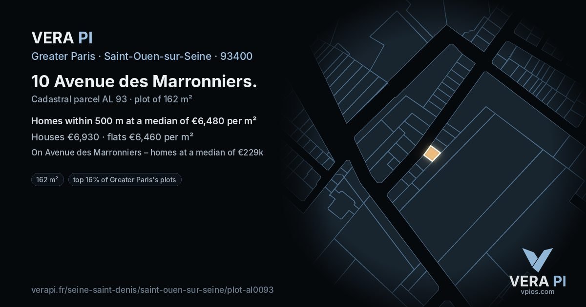 10 Avenue des Marronniers, Saint-Ouen-sur-Seine at night – the plot lit, the parcels around coloured by the prices near them