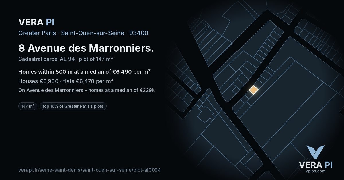 8 Avenue des Marronniers, Saint-Ouen-sur-Seine at night – the plot lit, the parcels around coloured by the prices near them