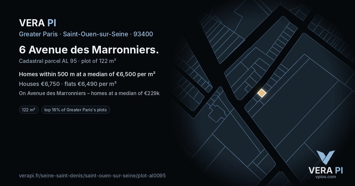 6 Avenue des Marronniers, Saint-Ouen-sur-Seine at night – the plot lit, the parcels around coloured by the prices near them