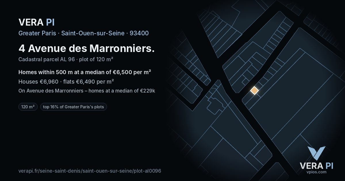 4 Avenue des Marronniers, Saint-Ouen-sur-Seine at night – the plot lit, the parcels around coloured by the prices near them