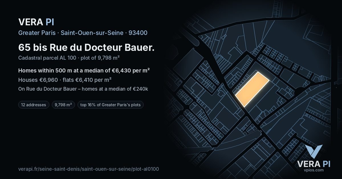 65 bis Rue du Docteur Bauer, Saint-Ouen-sur-Seine at night – the plot lit, the parcels around coloured by the prices near them