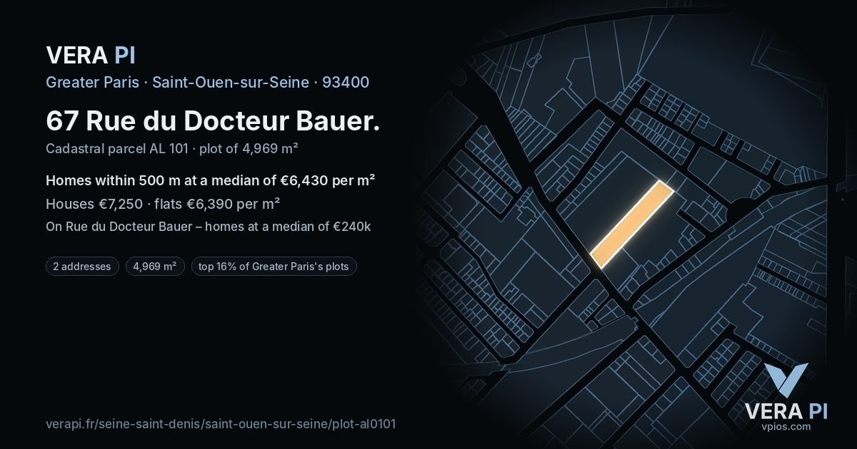 67 Rue du Docteur Bauer, Saint-Ouen-sur-Seine at night – the plot lit, the parcels around coloured by the prices near them