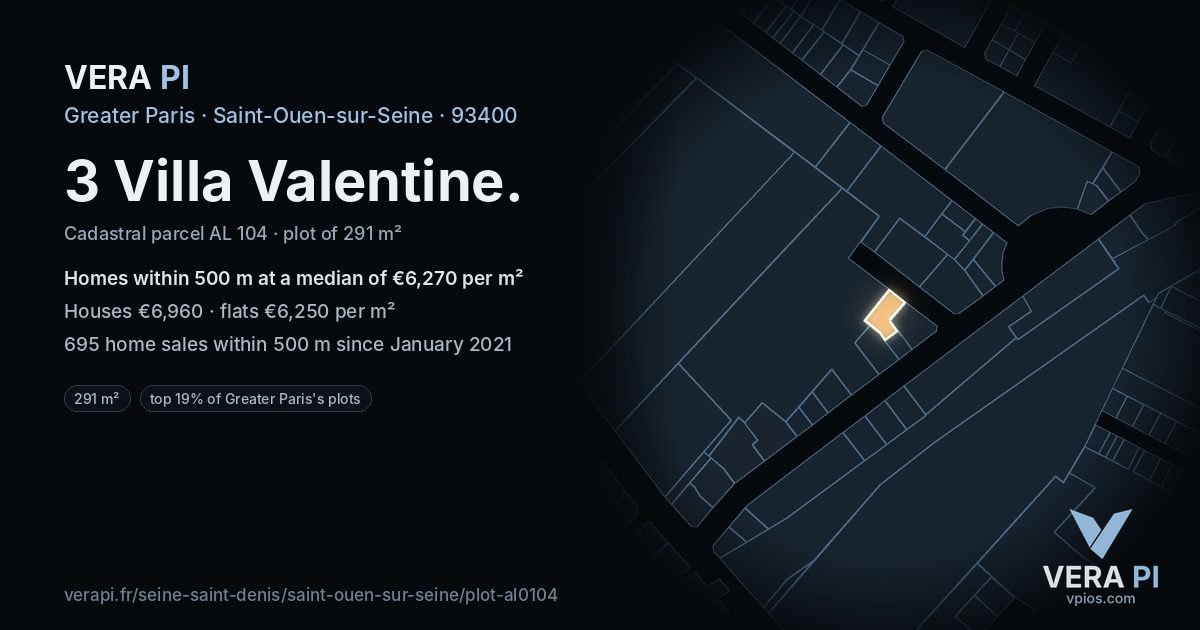 3 Villa Valentine, Saint-Ouen-sur-Seine at night – the plot lit, the parcels around coloured by the prices near them