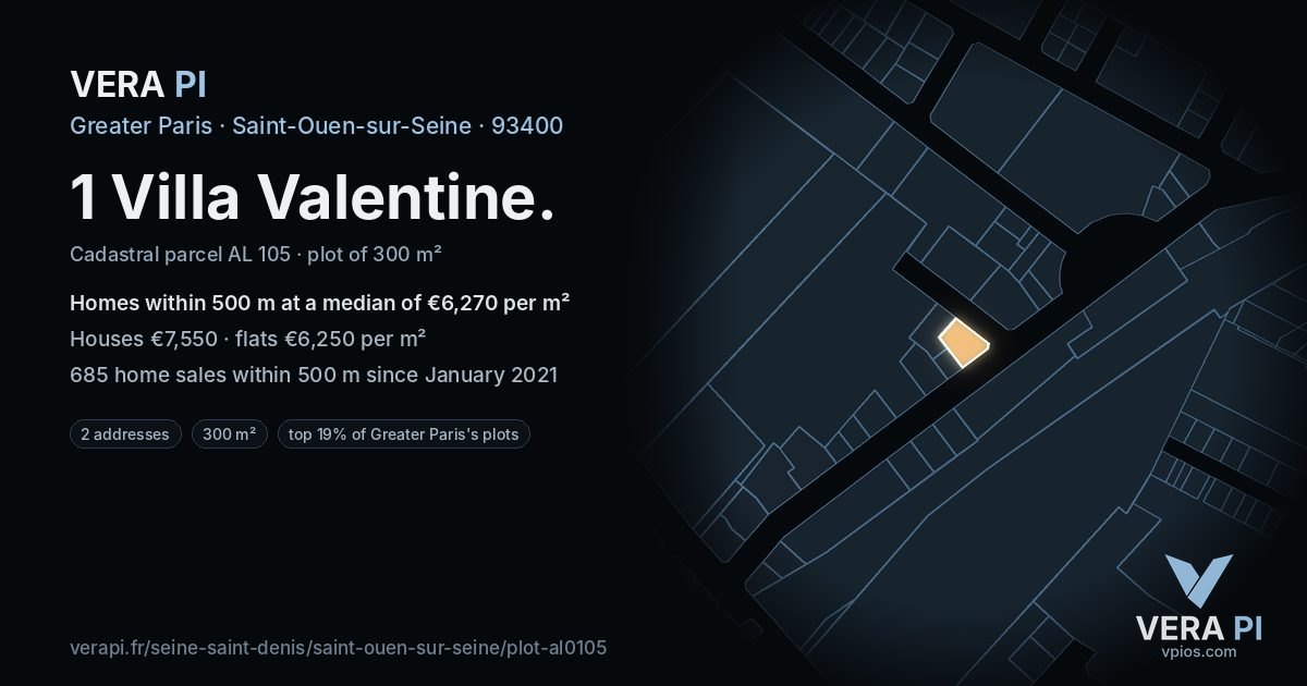 1 Villa Valentine, Saint-Ouen-sur-Seine at night – the plot lit, the parcels around coloured by the prices near them